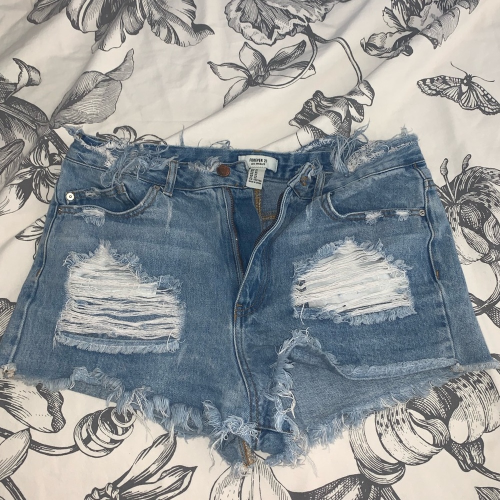 Very Distressed Light Denim Short Shorts
